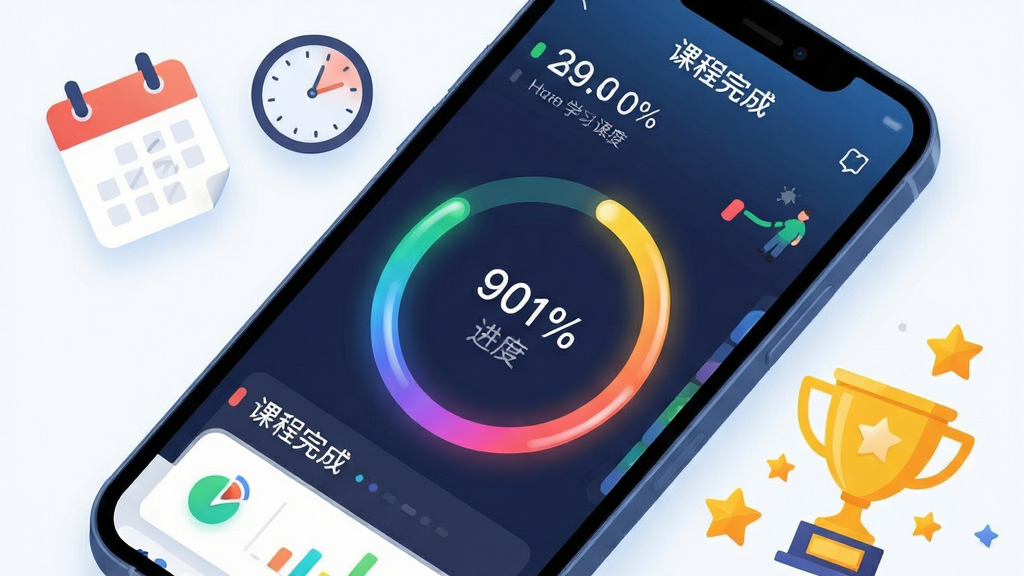 正正学堂智能学习记录功能展示,画面中央为手机屏幕特写,屏幕内显示学习进度环形图和课程完成列表,数据可视化图表色彩鲜明。布局采用对角线构图,手机左上方漂浮着日历和时钟图标,右下方有奖杯和星星点缀。风格为清新明快的扁平插画风,细节上进度条有渐变光泽,数字清晰可辨。画质细腻,背景干净无杂物,整体氛围积极向上。