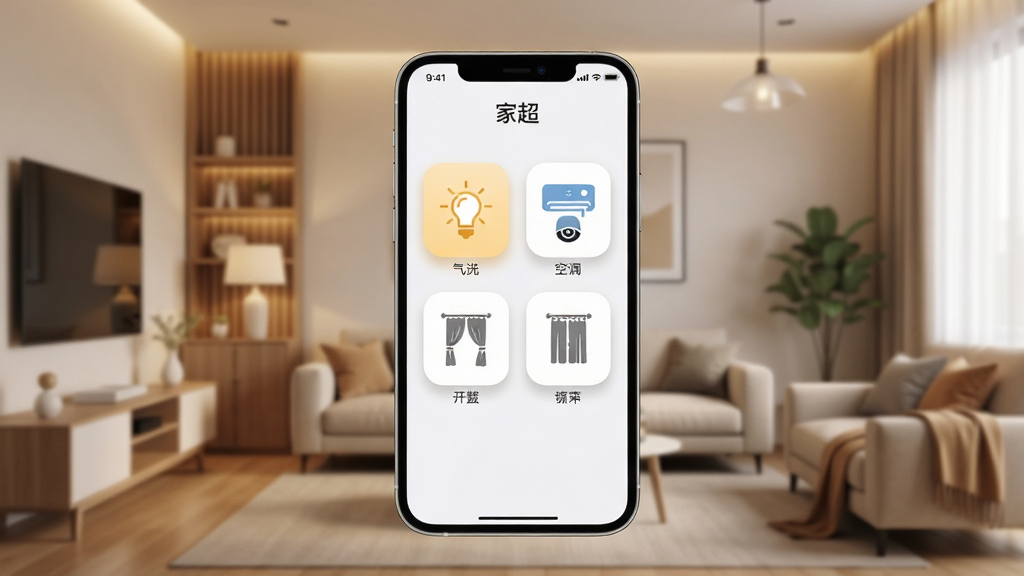 一张展示智能家居管理APP界面的手机样机图,画面中央是一部现代智能手机,屏幕上显示着名为