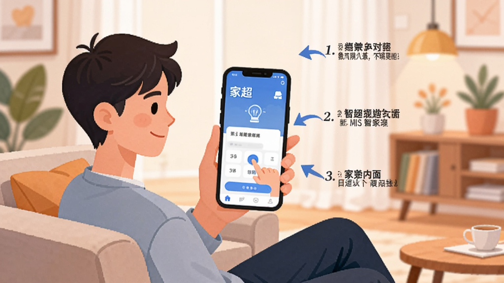 一张AI生成的新手使用智能家居APP的教程插图,画面中一位年轻人坐在沙发上手持手机,手机屏幕显示
