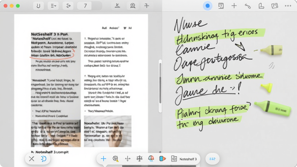Noteshelf 3 中打开一份 PDF 文档并进行手写批注的界面截图风格图片,屏幕左侧显示 PDF 页面内容,右侧有手写批注痕迹和荧光笔高亮标记,界面底部有 Noteshelf 3 的工具栏,背景为简洁的浅灰色,风格写实,画质清晰,干净,无多余元素