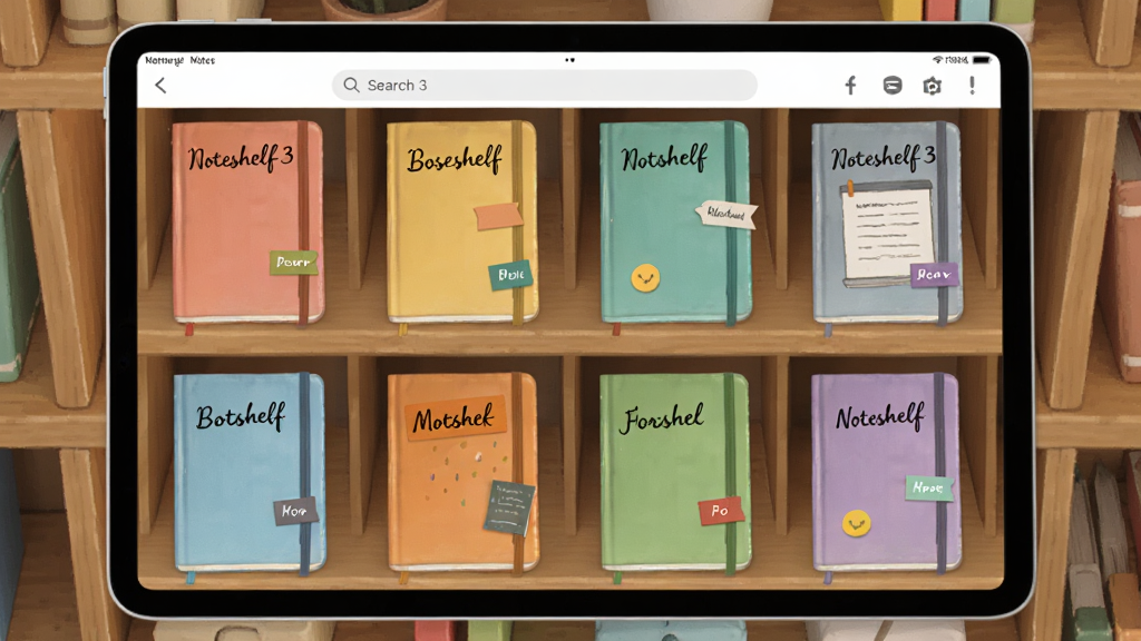 Noteshelf 3 笔记本管理界面的俯视效果图,画面中平板屏幕上显示多个彩色笔记本封面整齐排列在木质书架上,每个封面带有不同的手写标题和标签,界面顶部有搜索栏,整体风格温暖清新,画质清晰,干净,无多余元素