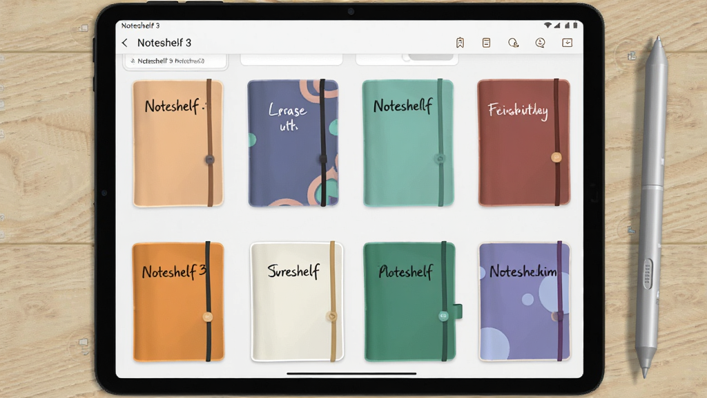 一张展示 Noteshelf 3 软件主界面的横版预览图,画面中央是一台安卓平板电脑,屏幕上显示 Noteshelf 3 的笔记本书架界面,摆放着几本不同颜色的数字笔记本封面,封面带有手写标题文字,界面干净整洁,背景为浅色木纹桌面,旁边放着一支触控笔,整体光线柔和,风格写实,画质清晰,干净,无多余元素