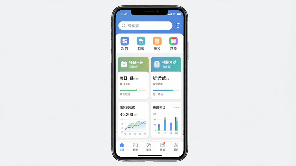 单招必刷题软件主界面全貌展示,主体为一部智能手机竖屏画面,屏幕内呈现刷题应用首页布局,上方显示搜索框与科目分类图标,中部为每日一练与模拟考试入口,底部导航栏清晰可见,整体排版整洁有序,风格为现代简约教育类APP界面,细节包含题目卡片、进度条与统计图表,画质清晰,画面干净,无多余元素