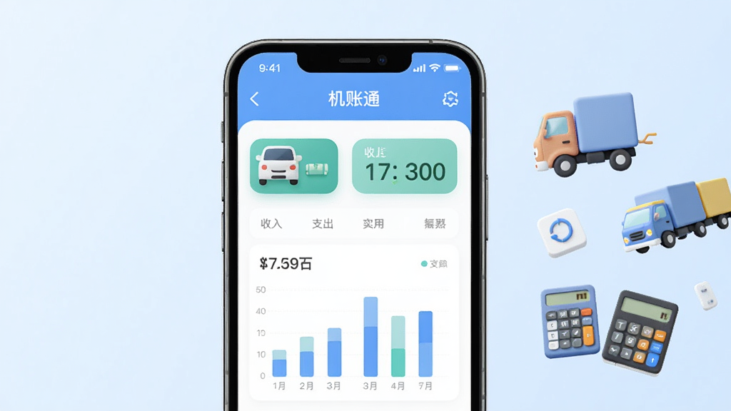 画面中央展示一部智能手机,手机屏幕上显示“机账通”APP的记账界面,界面包含车辆图标、收入支出数字和柱状图,背景为简洁的浅蓝色渐变,画面右侧漂浮着几辆卡通风格的货车和计算器图标,整体布局左右均衡,风格为现代扁平化科技风,细节上突出数字清晰、图标圆润,画质高清,画面干净,无多余元素。