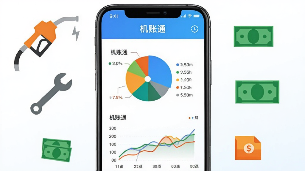 画面中央是一块竖屏手机,屏幕上显示“机账通”的饼状图和折线图,图表颜色鲜明,手机周围环绕着加油枪、扳手、钞票等小图标,背景为白色到浅蓝色的渐变,风格为清爽扁平化,细节上图表数据清晰可见,画质高清,画面干净,无多余元素。