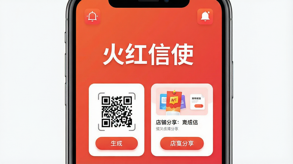 一张手机屏幕显示火红信使应用主界面的预览图,画面中央是软件名称“火红信使”的醒目标题,背景为暖红色渐变,主体区域展示二维码生成按钮和店铺分享卡片,布局简洁清晰,风格现代扁平化,细节包含图标和圆角按钮,画质高清干净无多余元素