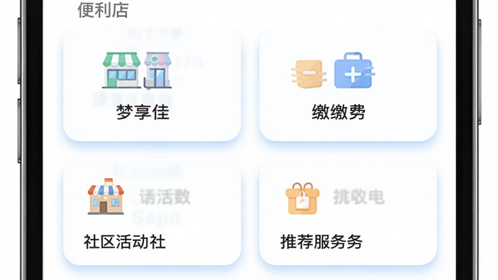 画面主体为“梦享佳”应用内的生活服务聚合界面,布局采用卡片式网格排列,排版分为上下两行,上方为便利店与缴费图标,下方为社区活动与推荐服务,风格为清新浅色系扁平设计,细节上每个卡片带有淡蓝色阴影和圆角,背景为纯白底色,画质清晰干净,无多余装饰元素。