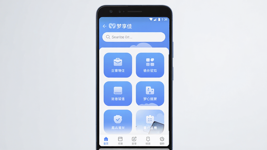 整体画面以手机应用界面展示为核心,主体是一部竖直放置的安卓智能手机,屏幕内呈现“梦享佳”APP的首页布局,包含顶部搜索栏、中部功能图标网格和底部导航菜单,布局采用上下结构,排版简洁明快,风格为现代扁平化科技风,细节上加入柔和的圆角图标与渐变蓝色主色调,背景为干净的浅灰色渐变,画质为高清渲染,画面干净无多余元素。