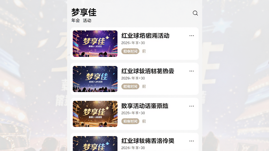 画面主体为“梦享佳”年会活动资讯列表页面,布局采用纵向列表排版,每条资讯包含活动封面图、标题与时间标签,风格为现代资讯流简约风,细节上封面图色彩丰富、文字层级分明,背景为浅灰底色,画质清晰锐利,画面干净整洁。