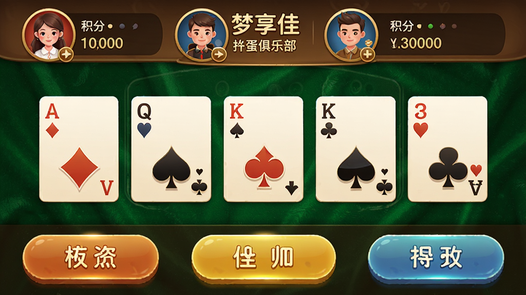 画面主体为“梦享佳”掼蛋俱乐部游戏界面,布局采用上下结构,上方显示玩家头像与积分,中部为扑克牌出牌区域,下方为操作按钮,排版紧凑有序,风格为休闲棋牌类暖色调设计,细节上牌面清晰、按钮带有微光效果,背景为深绿色绒布质感,画质高清,画面干净无杂物。