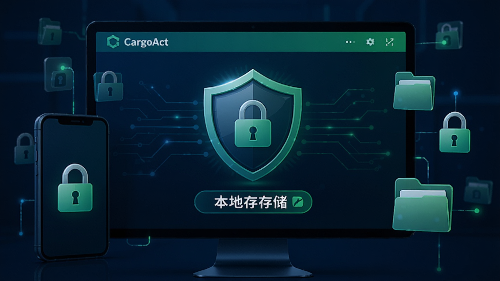 画面展示CargoAct软件的数据安全界面,屏幕上显示一个盾牌图标和本地存储字样,手机周围有锁和文件夹图标。风格为科技安全风,色调以深蓝色和绿色为主,布局居中,画质高清,画面干净,无多余元素。