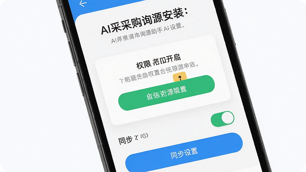 AI采购询源助手新手操作指引图,画面主体是手机屏幕展示AI采购询源助手安装和设置界面,屏幕中有权限开启提示和同步开关,布局采用手机界面竖版展示,风格为简洁明快的扁平化设计,细节上界面文字清晰、按钮醒目,画质高清,画面干净,无多余元素