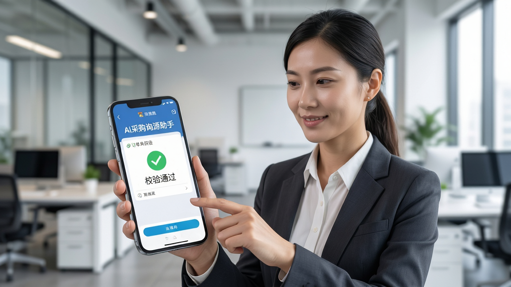 AI采购询源助手移动端操作场景图,画面主体是一位采购人员手持手机使用AI采购询源助手应用,手机屏幕显示订单校验界面,背景是现代化办公室环境,布局采用人物半身构图,风格为真实商务摄影风,细节上手机屏幕有“AI采购询源助手”字样和校验通过标识,画质高清,画面干净,无多余元素