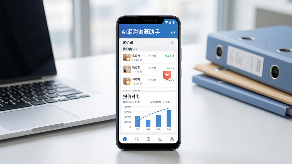 AI采购询源助手是一款面向采购人员的智能询源工具,画面主体是一部安卓手机,手机屏幕显示AI采购询源助手应用界面,界面中有供应商列表、询价单和报价对比图表,手机放置在一张整洁的办公桌面上,旁边有笔记本电脑和文件夹,布局采用居中构图,风格为现代商务科技风,细节上手机屏幕有清晰的软件名称“AI采购询源助手”字样,界面元素简洁明了,画质高清,画面干净,无多余元素