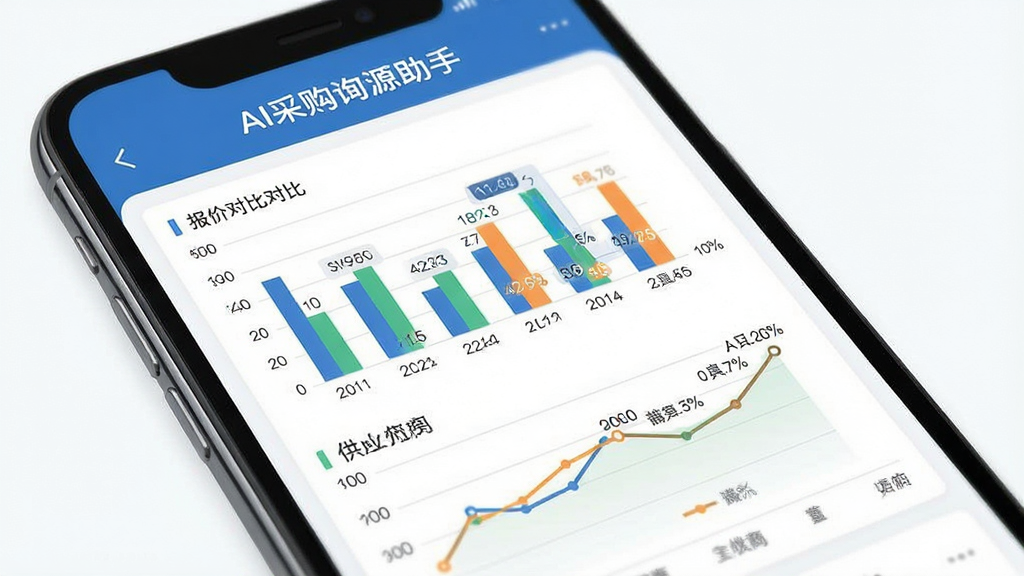 AI采购询源助手核心功能展示图,画面主体是手机屏幕特写,屏幕中展示报价对比图表和供应商列表,图表有柱状图和折线图,界面顶部有“AI采购询源助手”文字标识,布局采用竖版手机界面展示,风格为扁平化科技商务风,细节上图表颜色清晰、数据标签可读,画质高清,画面干净,无多余元素