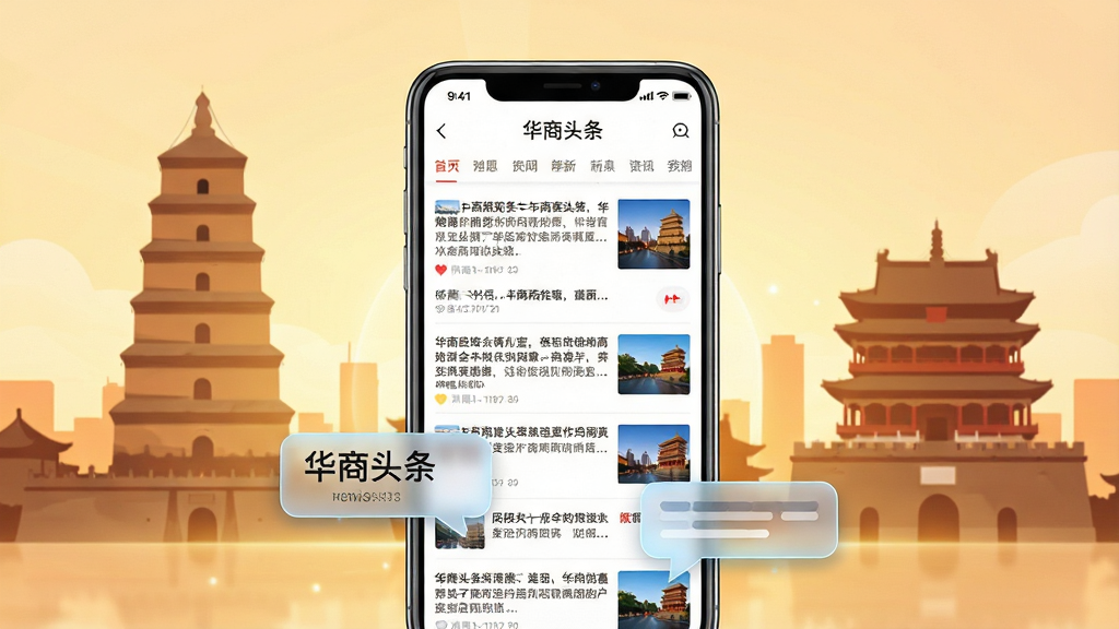 一幅展示手机新闻资讯应用的场景图,画面中央是一部现代智能手机,屏幕上显示着“华商头条”的资讯首页界面,包含新闻标题列表和顶部导航栏。背景是陕西西安的城市地标剪影,如大雁塔和钟楼,色调温暖明亮。布局采用居中构图,手机前方有悬浮的资讯气泡元素。风格为现代科技感与地域文化融合,细节包括手机屏幕上的时间显示、信号图标和新闻缩略图。画质高清,干净无多余元素,整体画面传递出信息丰富、更新及时的视觉感受。