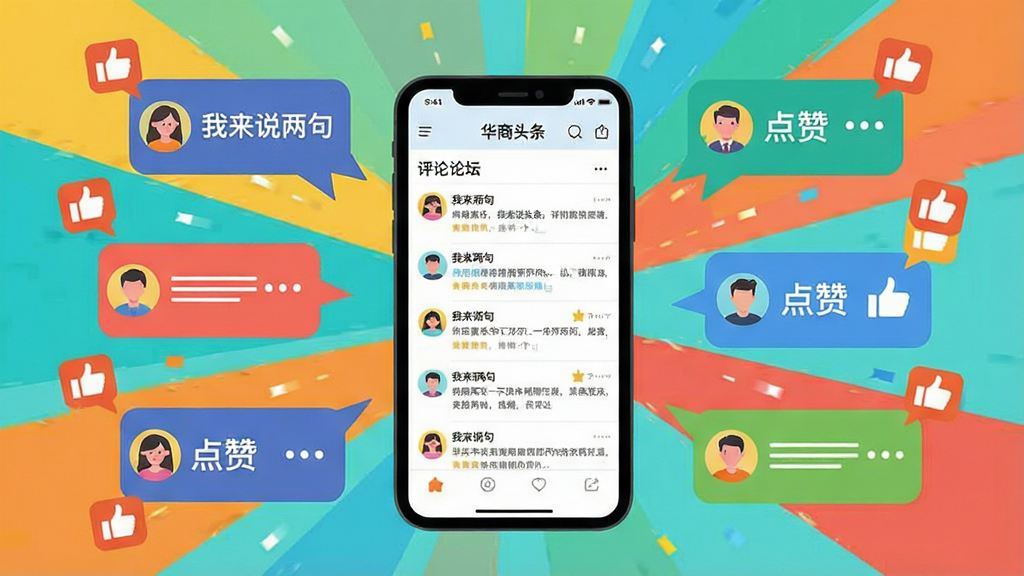 一幅展示“华商头条”互动社区功能的AI生图,画面中心是手机屏幕显示评论区和论坛帖子列表,周围环绕着代表不同用户观点的对话气泡和点赞图标。布局采用放射状构图,手机位于中心,气泡向四周扩散。风格为扁平化插画风,色彩活泼,细节包括气泡内的文字“我来说两句”、“点赞”和用户头像。画质干净,无多余元素,整体体现社区活跃、观点多元的氛围。