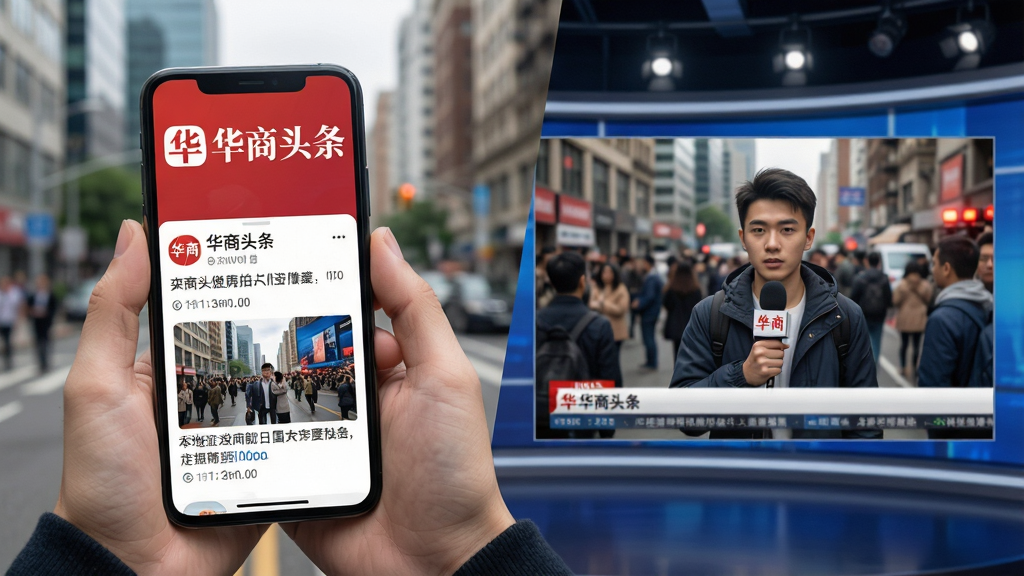一张以“华商头条”为主题的AI生图,画面主体是一位手持智能手机的年轻用户,手机屏幕显示突发新闻推送通知,背景是城市街景与新闻演播室元素交织。布局为左右分割,左侧是用户特写,右侧是新闻事件现场画面。风格写实且富有新闻现场感,细节包括手机屏幕上的“华商头条”logo、推送时间戳和新闻缩略图。画质清晰,色彩鲜明,干净无多余元素,突出新闻的时效性与本地化特色。