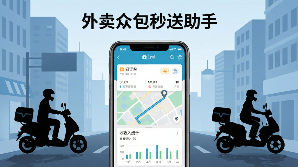主体为一部智能手机屏幕显示外卖众包秒送助手应用界面,布局为手机居中放置,背景是城市街道与骑手电动车剪影,排版上方为软件名称文字,风格为扁平化科技风,细节包含订单卡片、地图路线、收入统计图表,画质为高清干净无多余元素,画面中文字为“外卖众包秒送助手”