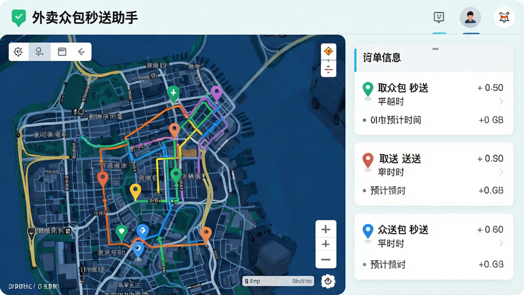 主体为外卖众包秒送助手路线规划界面,布局为左侧地图右侧订单信息卡片,排版为上下结构上方标题下方内容,风格为清新浅色系,细节包含多条彩色路线、取送点标记、预计时间文字,画质高清干净无多余元素,画面中文字为“外卖众包秒送助手”