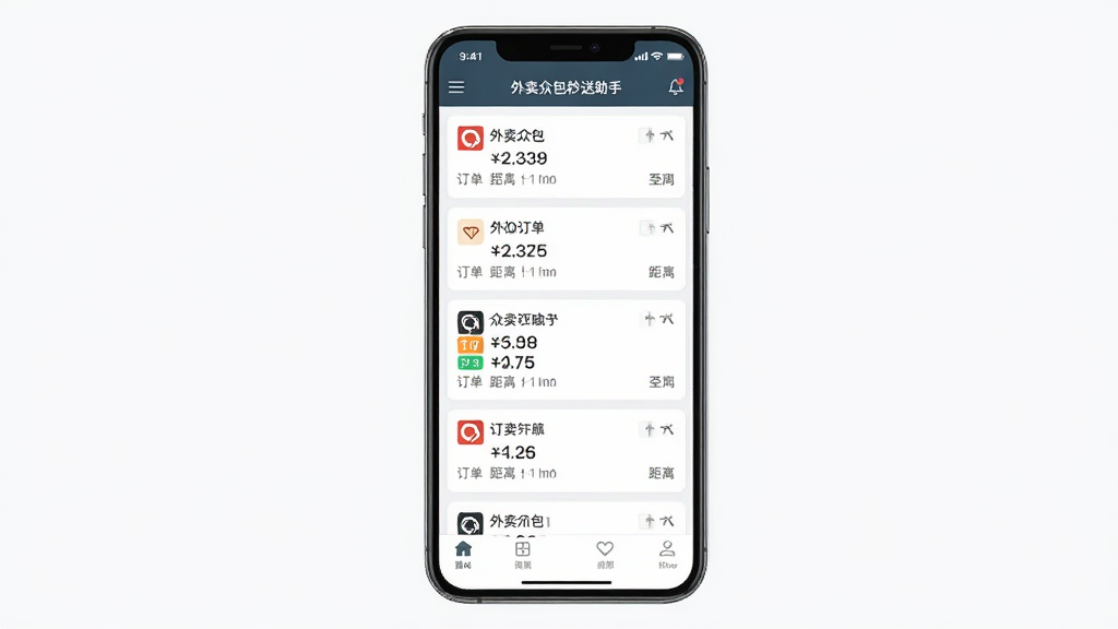 主体为外卖众包秒送助手多平台订单聚合界面,布局为手机屏幕展示多个订单卡片纵向排列,排版为顶部状态栏中部订单列表底部导航栏,风格为简约商务风,细节包含不同平台图标、订单金额、距离信息,画质高清干净无多余元素,画面中文字为“外卖众包秒送助手”