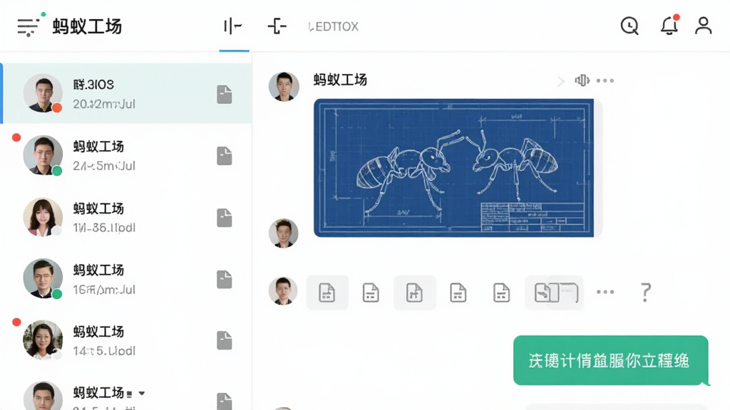 画面展示“蚂蚁工场”应用内的消息协作界面,布局为左侧联系人列表与右侧对话窗口,对话中包含图纸缩略图与文字消息,风格为浅色商务风,细节有未读红点与文件图标,画质清晰,干净,无多余元素
