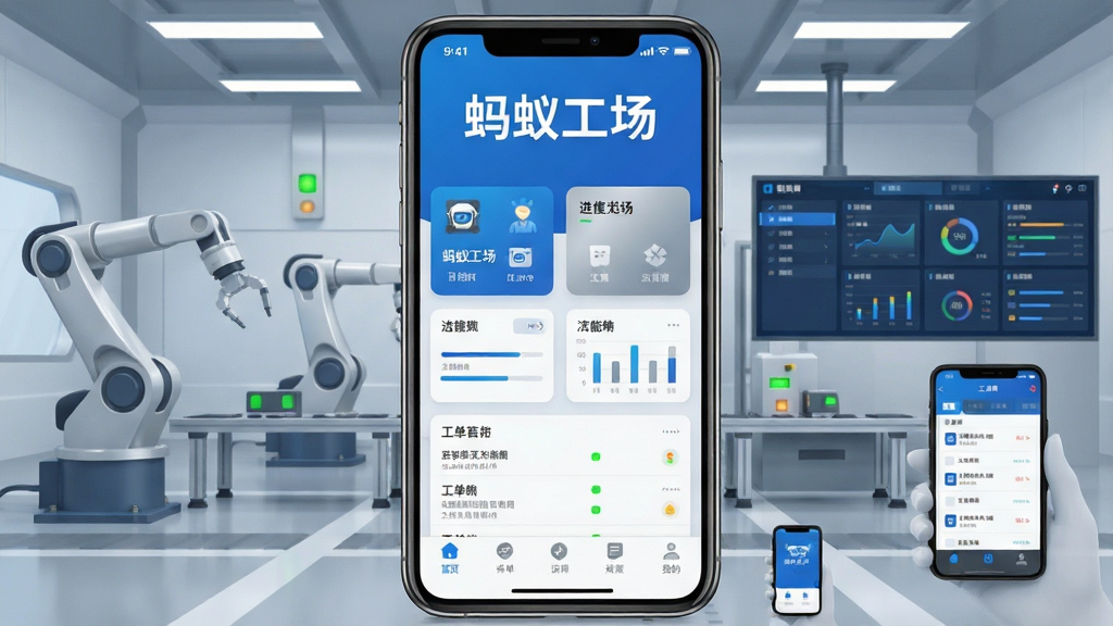 手机屏幕中央展示“蚂蚁工场”应用主界面,背景为现代化智能工厂车间,画面中有机械臂、数据看板与移动设备,布局采用上下分层结构,上方为软件名称“蚂蚁工场”文字标识,中部为功能卡片与图表,下方为导航栏,风格为科技蓝与银灰搭配的扁平化设计,细节包含设备状态指示灯、进度条与工单列表,画质清晰,干净,无多余元素