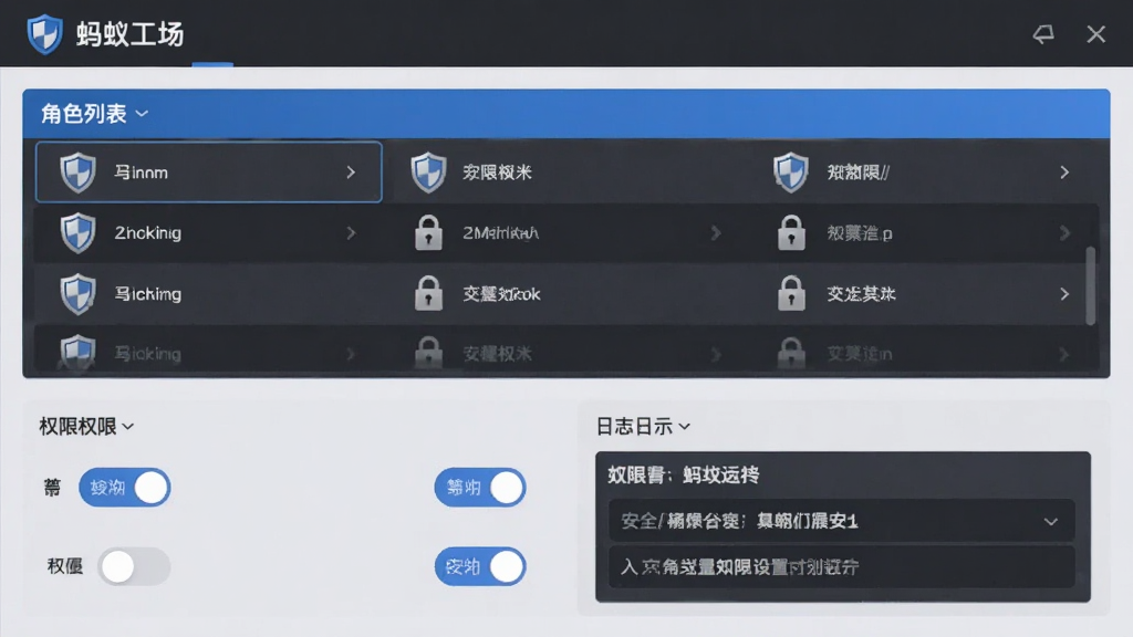画面主体为“蚂蚁工场”安全权限设置界面,布局为上下结构,上方为角色列表,下方为权限开关与日志入口,风格为深灰与蓝色搭配,细节有盾牌图标与锁形标识,画质清晰,干净,无多余元素