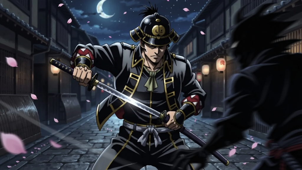 画面描绘一位身穿新选组制服的武士在夜晚的京都街道上拔刀战斗,主体为武士与神秘黑影对峙,布局为横向构图,排版中央突出角色动作张力,风格为日系幻想风格插画,细节包括月光、石板路、飘落的花瓣和刀光,画质细腻,干净,无多余元素