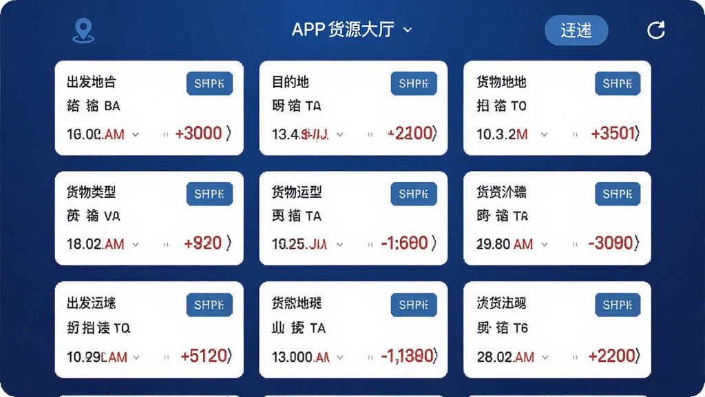 世德司机APP货源大厅页面截图,画面中央是不断刷新的货源列表卡片,每张卡片显示出发地、目的地、货物类型和运费价格,背景是深蓝色渐变,布局为手机竖屏界面,风格为扁平化UI设计,细节包括定位图标、筛选按钮、刷新动画,画质高清,干净,无多余元素