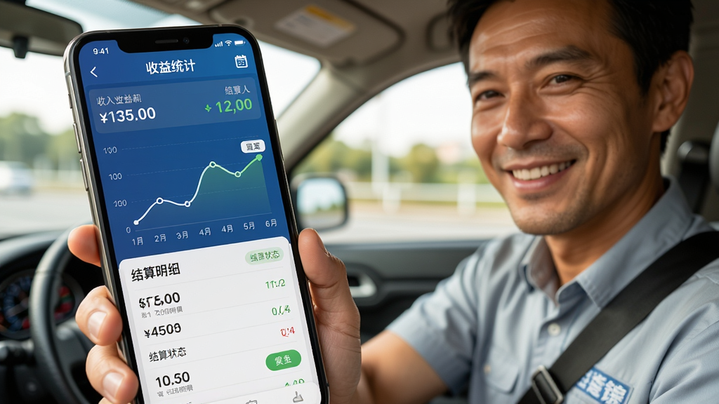 世德司机APP收益统计页面,手机屏幕显示收入曲线图与结算明细列表,一位司机在休息区查看手机微笑,画面主体是手机与人物,布局为近景特写,风格为温暖写实,细节包括金额数字、日历图标、结算状态标签,画质高清,干净,无多余元素