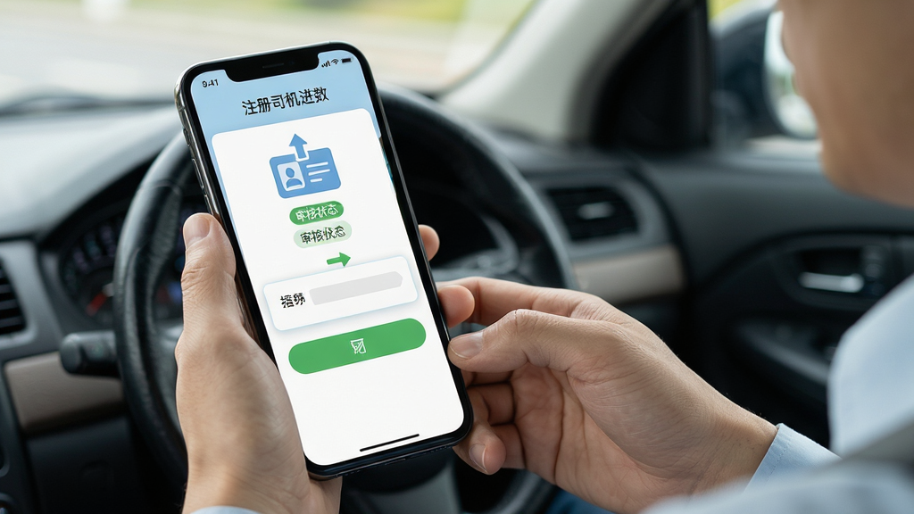 世德司机APP新手引导页面,手机屏幕显示注册认证步骤与提示弹窗,一位司机坐在车内认真查看手机,画面主体是手机界面与人物手部,布局为近景竖版,风格为清新写实,细节包括证件上传图标、审核状态标签、提示文字,画质高清,干净,无多余元素