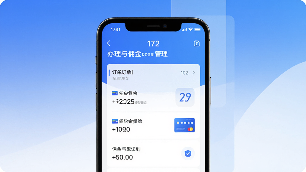 172号卡应用主界面展示,画面中央是一部智能手机,屏幕上显示号卡办理与佣金管理界面,背景为简洁的蓝白渐变,布局采用居中构图,风格现代科技感,细节包括订单列表、佣金数字、号卡图标等元素,画质高清,干净整洁,无多余元素