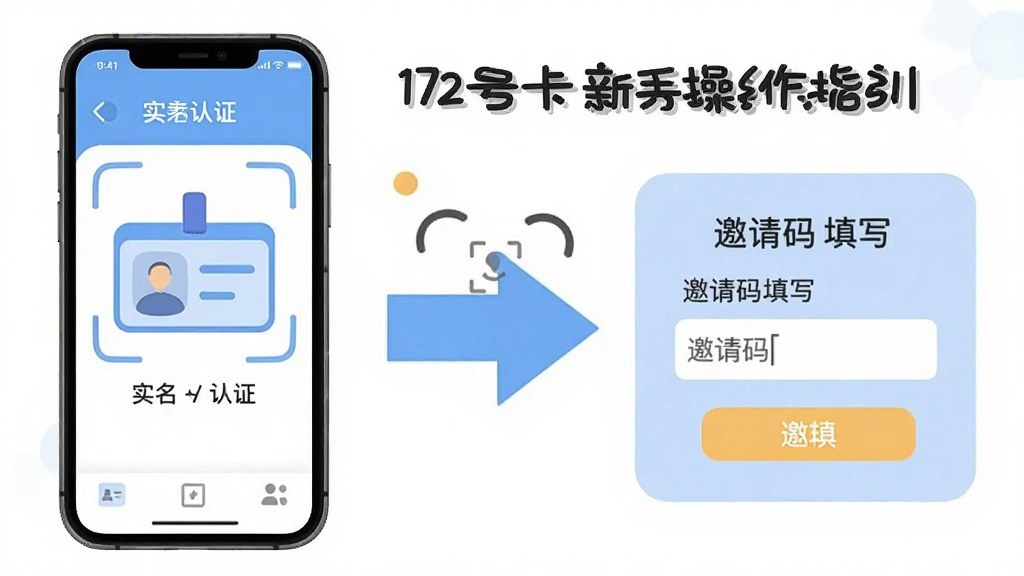 172号卡新手操作指引,画面展示手机屏幕中实名认证与邀请码填写步骤,主体为手机与步骤箭头,布局采用流程图排版,风格友好亲切,细节包括身份证图标、人脸识别框、邀请码输入框,画质清晰,干净无多余元素