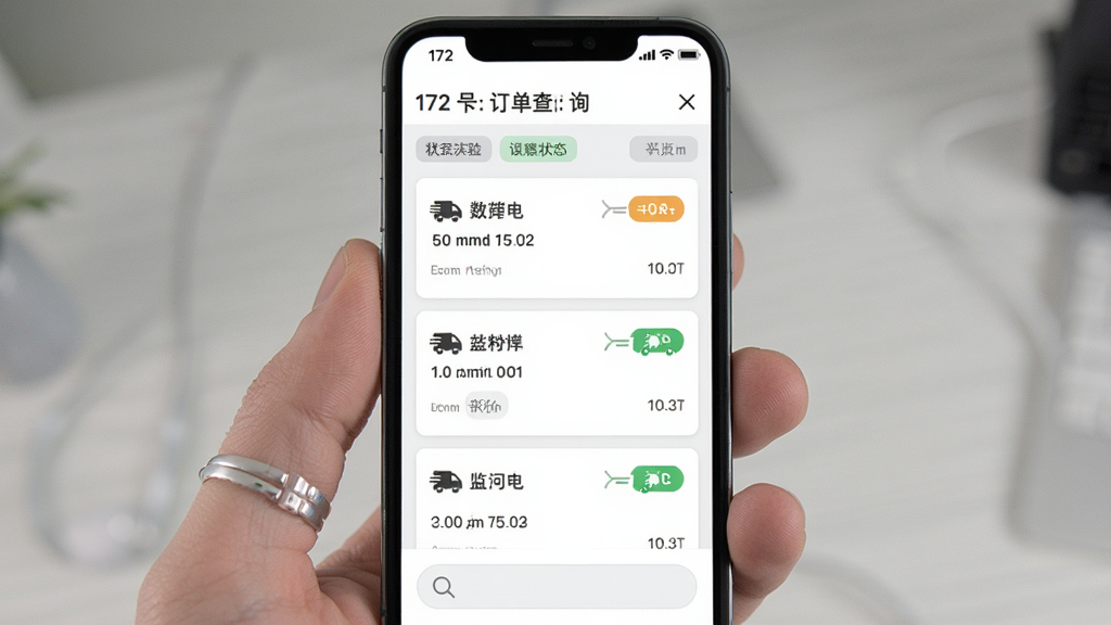 172号卡订单查询界面,画面展示手机屏幕中的订单列表与状态标签,主体为订单卡片与物流图标,布局采用垂直列表排版,风格简约实用,细节包括状态颜色区分、时间戳、搜索框,画质清晰,干净无多余元素