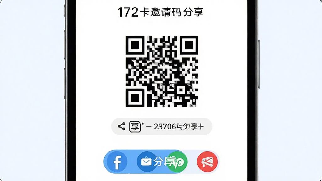 172号卡邀请码分享界面,画面展示手机屏幕中的推荐码二维码与分享按钮,主体为二维码与社交分享图标,布局采用居中对称排版,风格清新明快,细节包括复制按钮、分享箭头、推荐码数字,画质清晰,干净无多余元素
