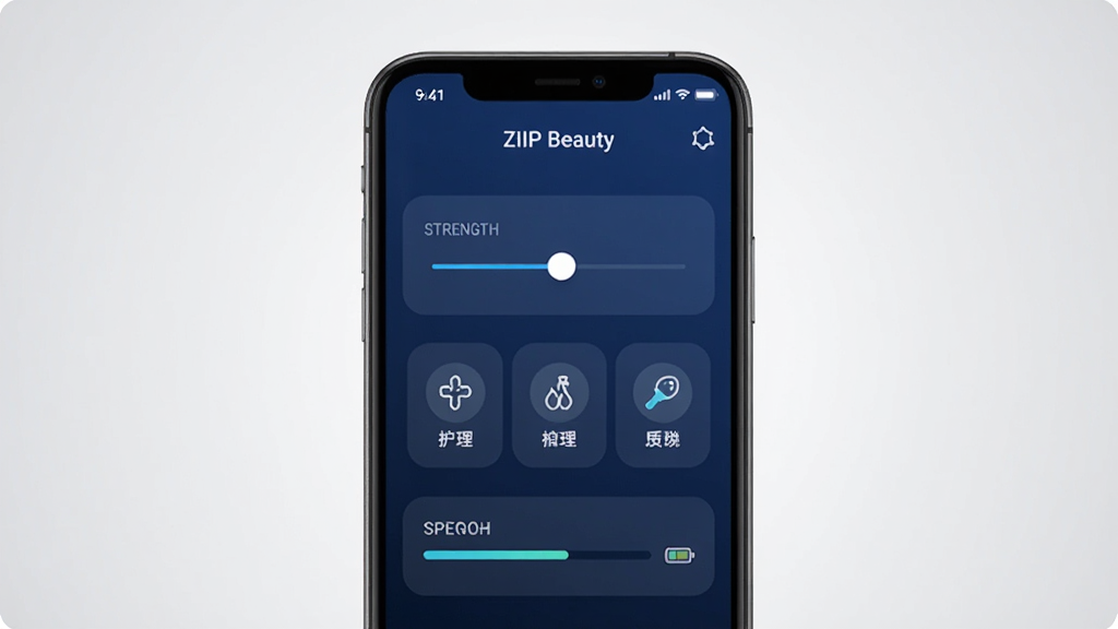 一张展示ZIIP Beauty应用主界面的手机屏幕截图,画面中央是手机正视图,屏幕内显示深蓝色调的美容仪控制面板,包含强度调节滑块、护理模式图标和电量显示条,背景为干净的浅灰色渐变,风格简洁科技感,细节清晰,画质锐利,干净无多余元素