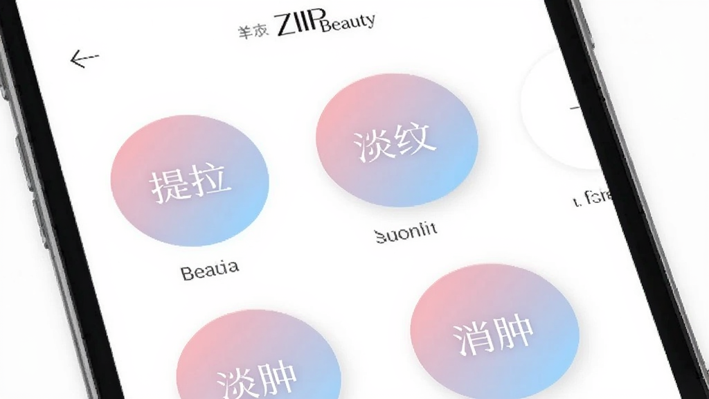 ZIIP Beauty应用内护理模式选择界面,屏幕上排列着多个圆形图标,分别标注提拉、淡纹、消肿等字样,图标采用柔和的粉蓝渐变配色,背景为白色,布局整洁,风格优雅简约,画质清晰,干净无多余元素