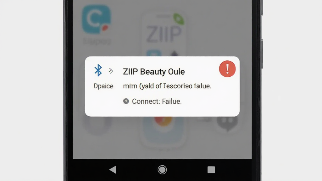 一部安卓手机显示ZIIP Beauty应用出现连接失败的提示弹窗,旁边有蓝牙图标和感叹号,背景为浅灰色,风格简洁说明性,画质清晰,干净无多余元素