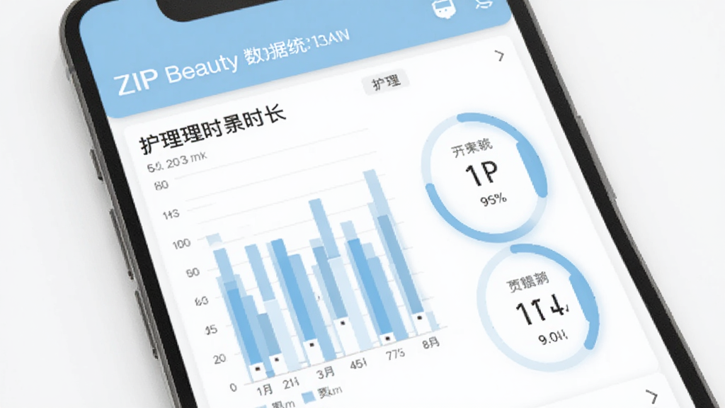 ZIIP Beauty应用内护理数据统计页面,手机屏幕显示周护理时长柱状图和环形进度条,配色为浅蓝与白色搭配,数据清晰易读,背景干净,风格商务简约,画质锐利,无多余装饰元素