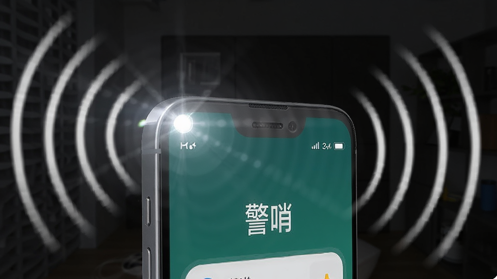 手机背面视角,闪光灯正在爆闪,手机周围有震动波纹线条示意,屏幕显示