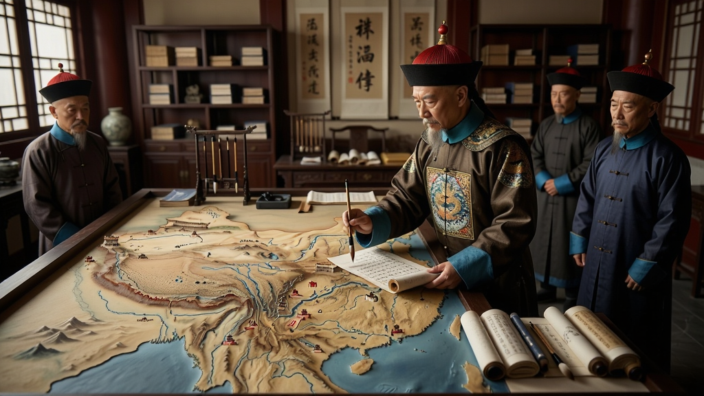 画面展示一位清朝皇帝站在巨大的疆域沙盘前,沙盘上标注着山川河流与城池关隘,皇帝手持朱笔正在批阅奏折,身旁有太监和军机大臣侍立。背景为御书房内景,书架林立,文房四宝齐全。风格为写实中国古风,色调沉稳大气,排版为竖版构图,画质高清,细节丰富,画面干净无杂乱元素。