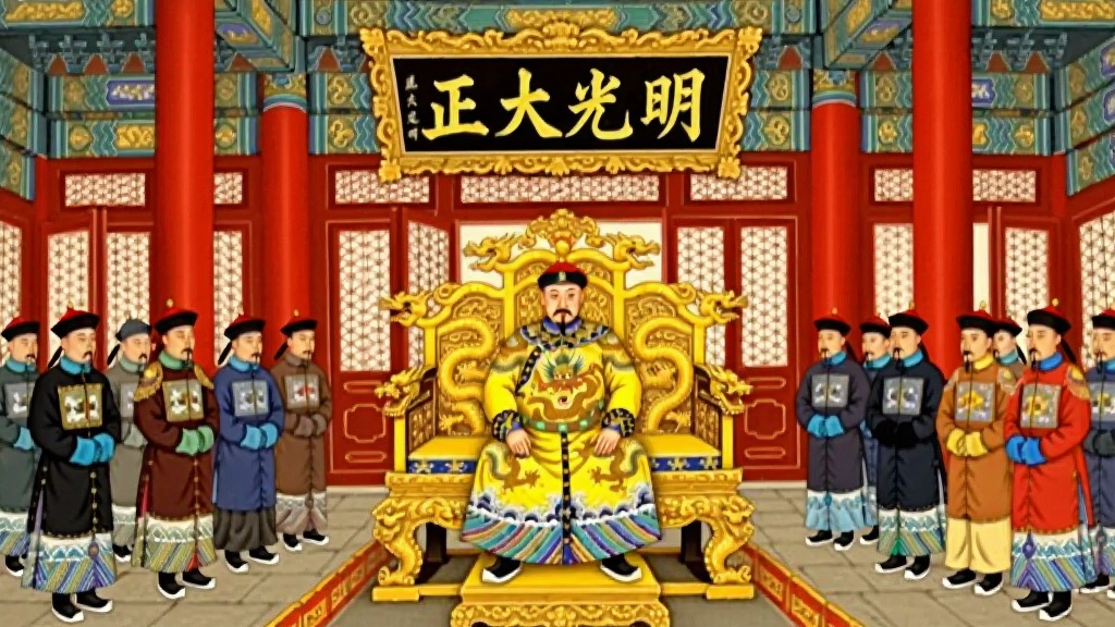 画面中央是一位身着明黄色龙袍的清朝皇帝,端坐于金漆雕龙宝座之上,背景是宏伟的紫禁城太和殿内景,两侧站立着身着朝服的文武百官,殿内悬挂着巨大的“正大光明”匾额。整体采用中国工笔画风格,色彩以朱红、明黄、石青为主,细节刻画龙纹、祥云、琉璃瓦等元素,排版为横版宽幅构图,画质精细,干净整洁,无多余装饰元素。