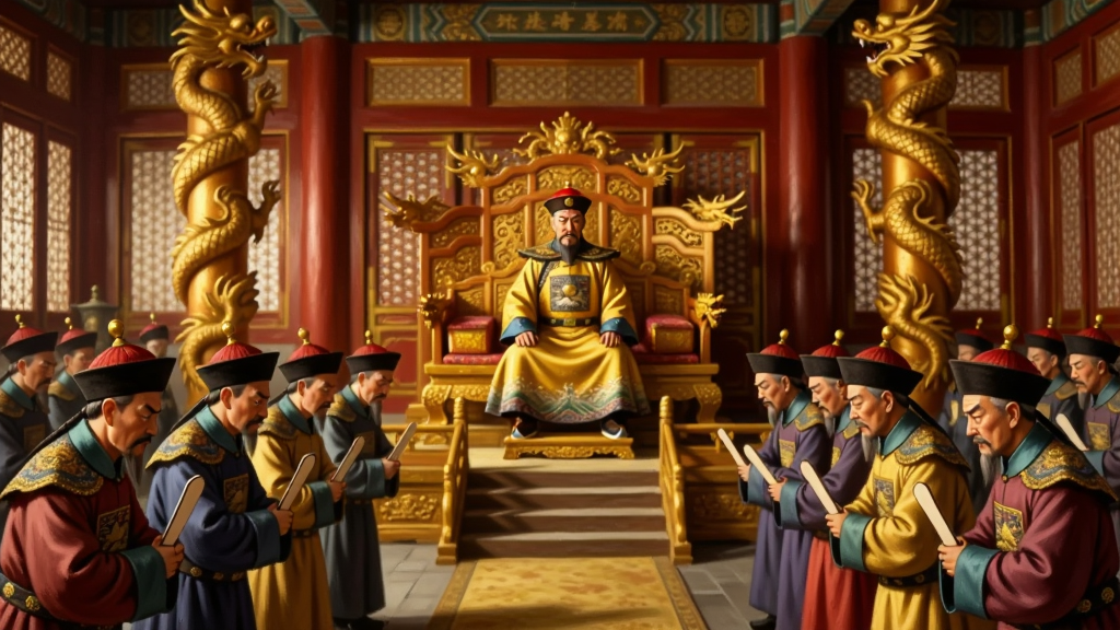 画面展现清朝金銮殿早朝场景,皇帝高坐龙椅之上,下方文武百官分列两班,手持笏板正在奏事。殿内金碧辉煌,蟠龙金柱耸立,气氛庄严肃穆。风格为历史写实绘画,色调以红金为主,排版为竖版构图突出皇权威严,画质高清,人物表情生动,画面干净整洁。
