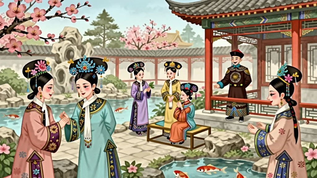 画面描绘清朝后宫花园场景,多位身着旗装、头戴钿子的妃嫔在亭台楼阁间赏花游玩,一位皇帝立于回廊之下微笑注视。画面中有桃花、假山、锦鲤池等元素,风格为唯美国风插画,色彩柔和明快,排版为横版全景,画质细腻,人物服饰纹样清晰,画面干净无多余元素。