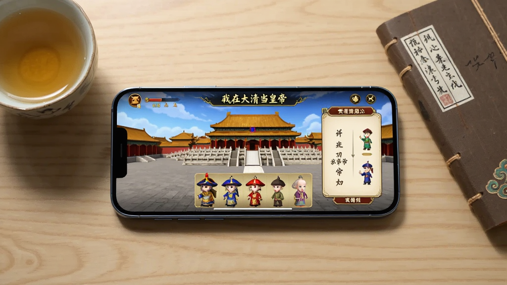 画面展示一部智能手机横屏运行《我在大清当皇帝》游戏的界面,屏幕中显示清朝宫殿场景与角色选择菜单,手机旁放着一杯茶和一本古风笔记本,背景为木质桌面。风格为现代数码产品展示图,光线柔和自然,排版为俯视角度构图,画质清晰,画面干净整洁,无多余元素。