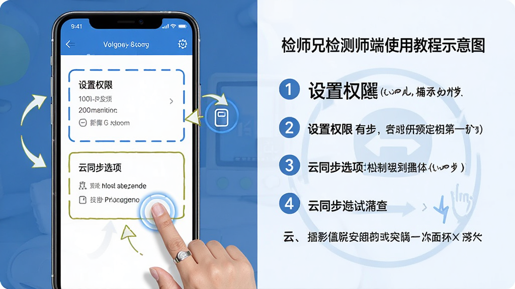 检师兄检测师端使用教程示意图,主体为手机屏幕显示设置权限和云同步选项,画面中包含手指点击操作的示意,布局为左右分栏,左侧为手机界面右侧为文字说明,风格为教学图解风,细节包括箭头指示、高亮边框和步骤编号,画质清晰,干净,无多余元素