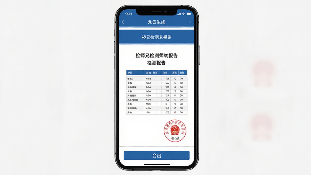 检师兄检测师端报告生成界面,画面为手机屏幕展示一份完整的检测报告文档预览,包含标题、表格数据和签章区域,布局为居中展示,风格为正式公文样式,细节包括蓝色页眉、数据表格和导出按钮,画质清晰,干净,无多余元素