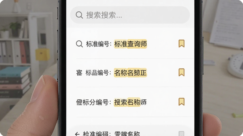 检师兄检测师端标准查询功能,主体为手机界面显示标准文档搜索结果列表,每条结果包含标准编号和名称,布局为搜索框加列表式,风格为清爽阅读风,细节包括放大镜图标、书签标记和高亮关键词,画质高清,干净,无多余元素