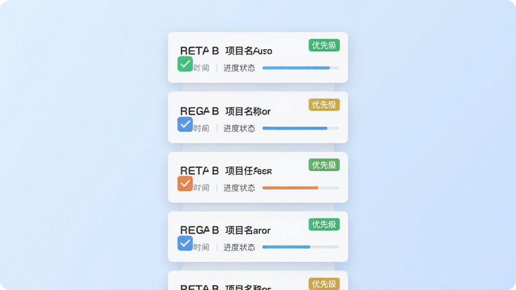 检师兄检测师端任务管理界面,画面中央为悬浮的任务卡片列表,每张卡片显示任务编号、项目名称和进度状态,背景为淡蓝色渐变,排版采用纵向滚动式布局,风格为扁平化商务设计,细节包括勾选图标、时间标签和优先级色块,画质清晰,干净,无多余元素